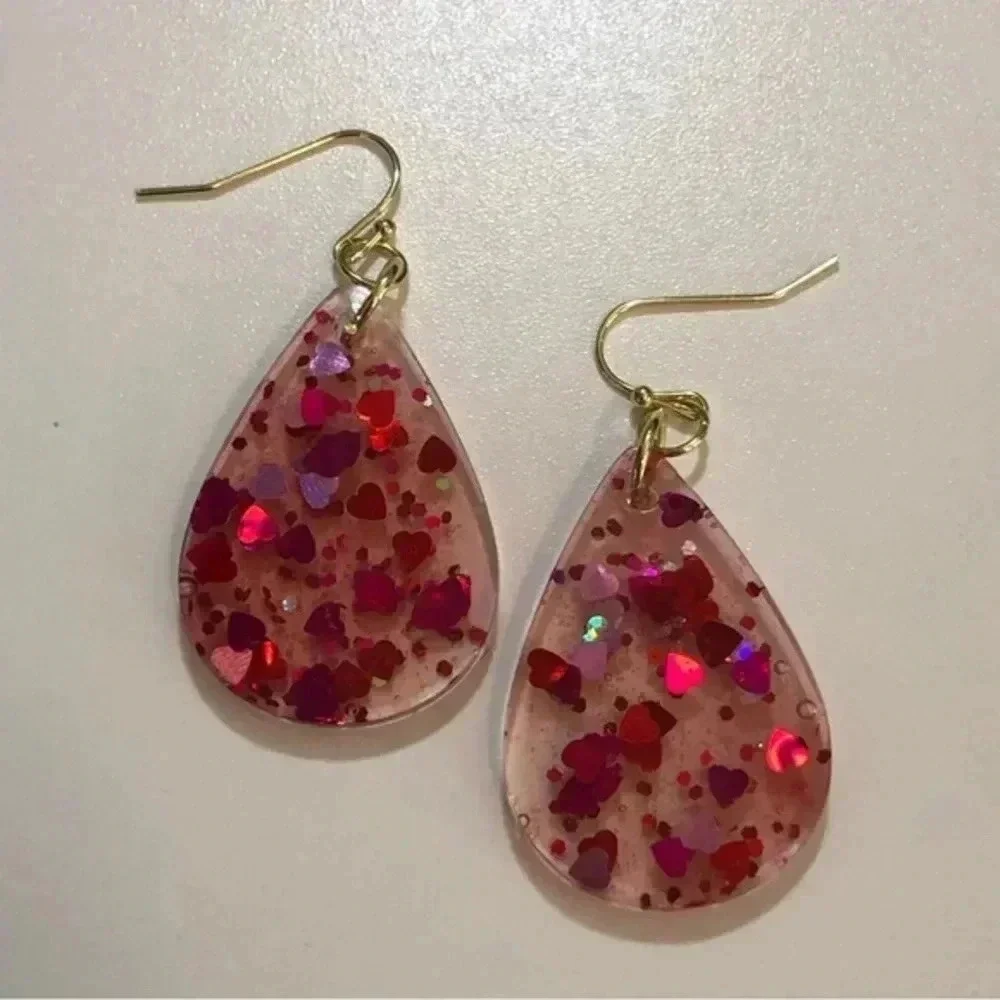 Pink Red Hearts Love Handmade Resin Glitter Gold Teardrop Drop Earrings New NWT